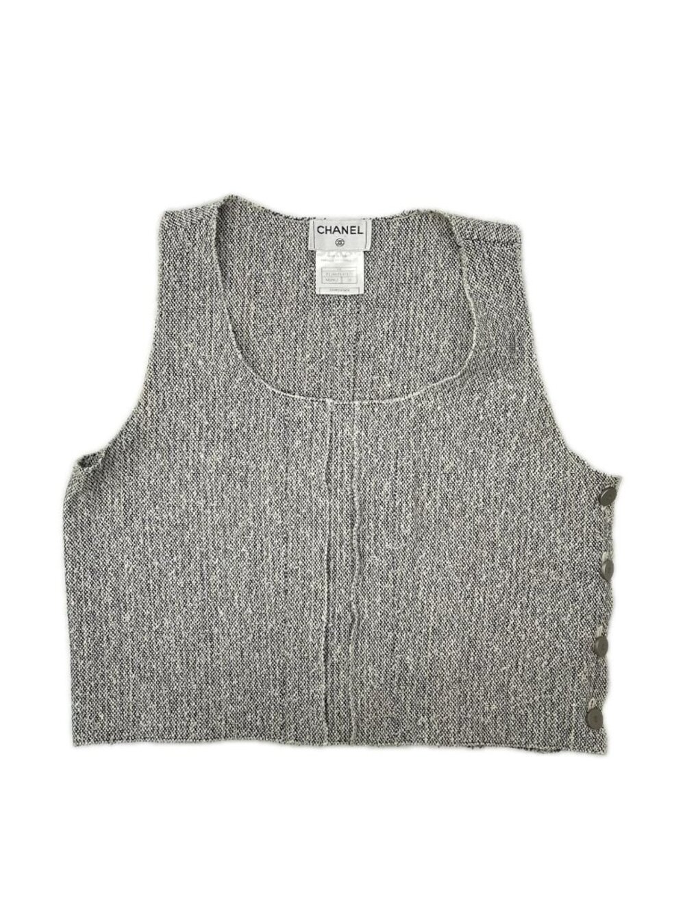 Chanel Gray CC Logo Button Sleeveless Tweed Pullover Sweater 38